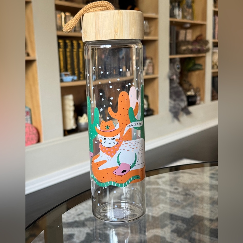 NWT world market Clear Glass Water Bottle with Colorful Cat and cactus Design